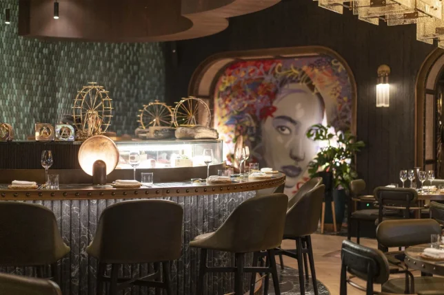 Clay Dubai — hand-painted restaurant interior mural, Bluewaters Island, Dubai