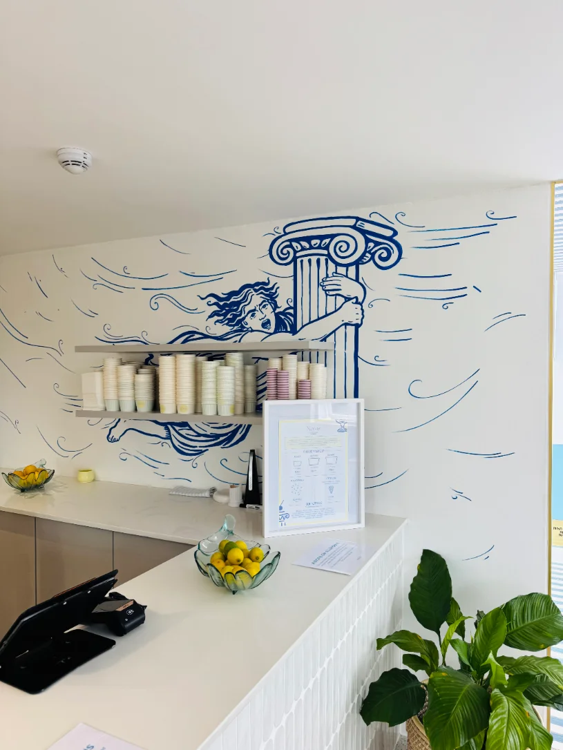 Counter view with mural above — Notos, 14 Glen Road, Glencairn, Cape Town