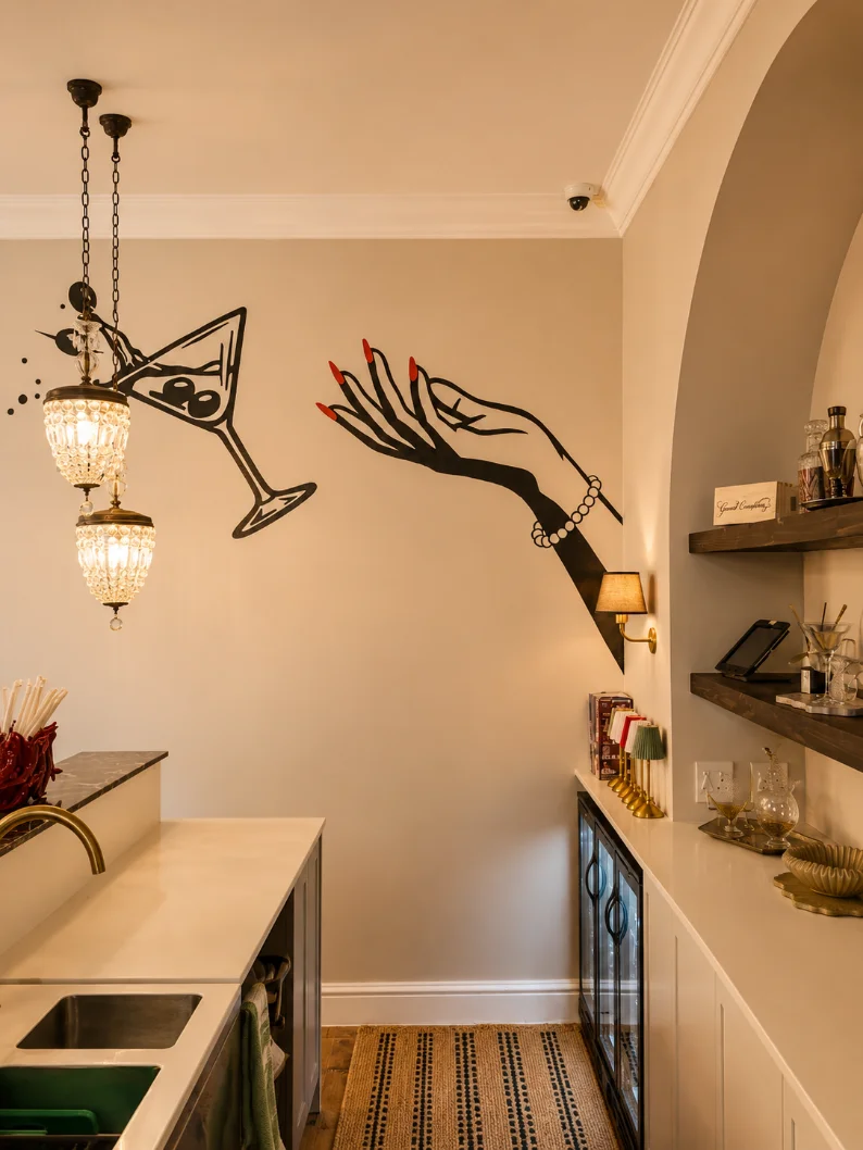 Bar mural — martini glass and jewelled hand — Tintswalo Summer House, 14 Glen Road, Glencairn, Cape Town