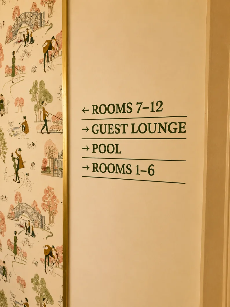 Corridor wayfinding — hand-painted signage — Tintswalo Summer House, 14 Glen Road, Glencairn, Cape Town
