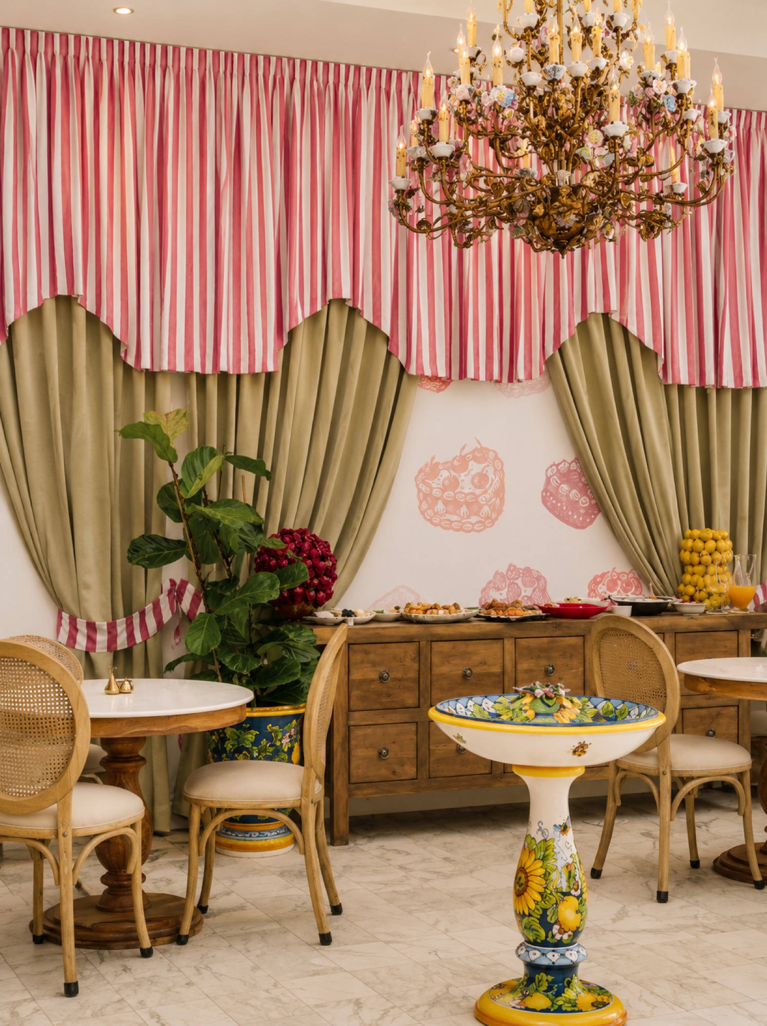 Tea room interior with pink striped valance — Tintswalo Summer House, 14 Glen Road, Glencairn, Cape Town