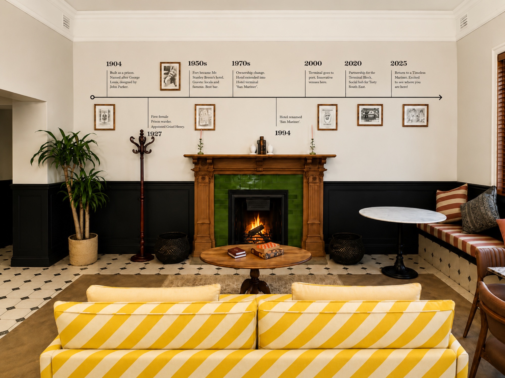 Hand-painted historical timeline above fireplace — Tintswalo Summer House, 14 Glen Road, Glencairn, Cape Town