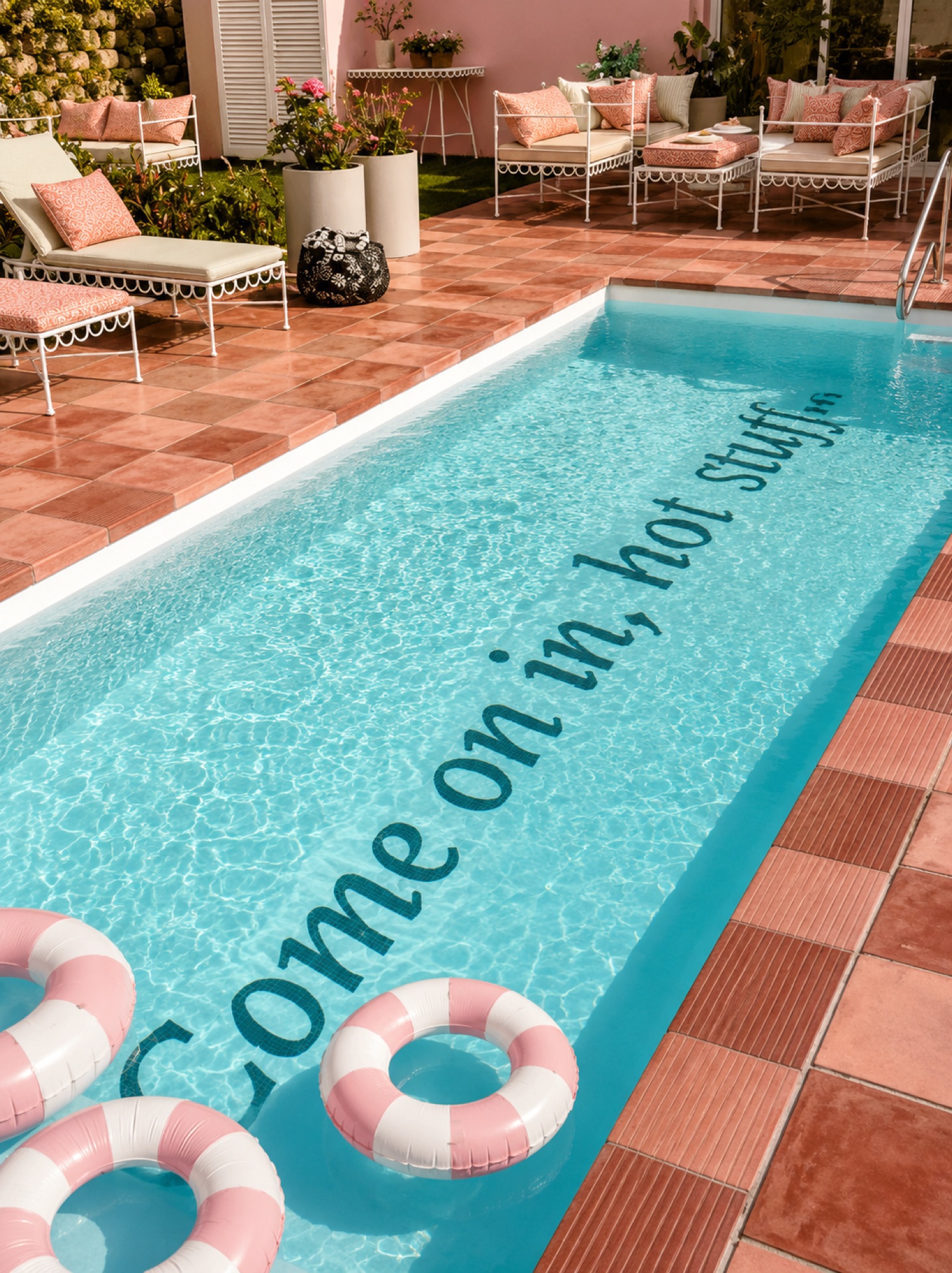 Pool terrace — full view with lettering — Tintswalo Summer House, 14 Glen Road, Glencairn, Cape Town